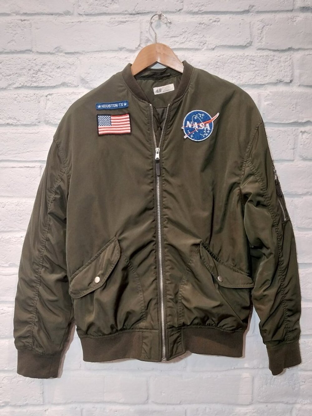 NASA USA Green Bomber Flight Jacket Patches Youth 13 14 Women S/M Nylon Full Zip
